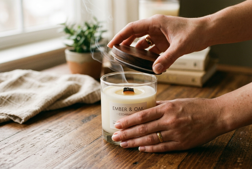 蓋を被せてウッドウィックキャンドルを消火