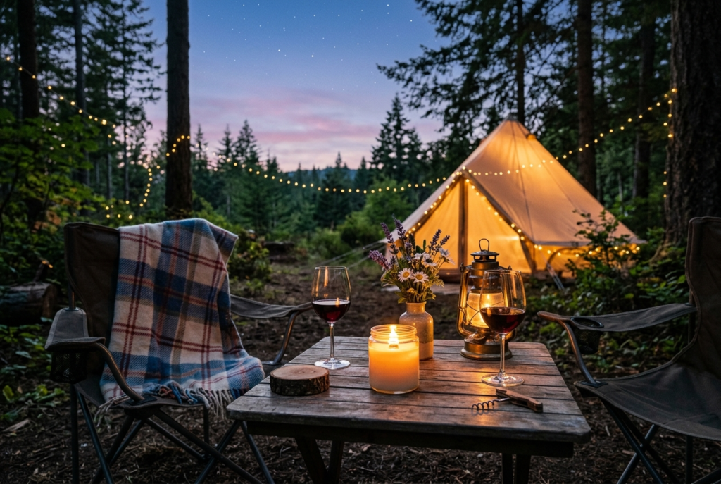 キャンプサイトに配置したウッドウィックキャンドル