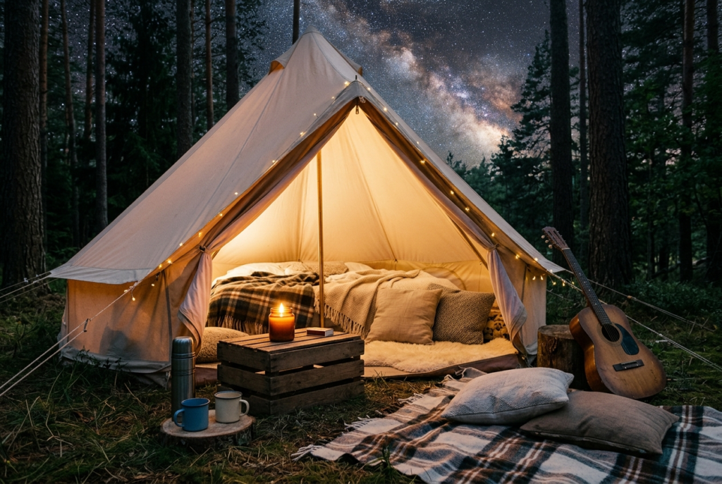 テントとウッドウィックキャンドル
