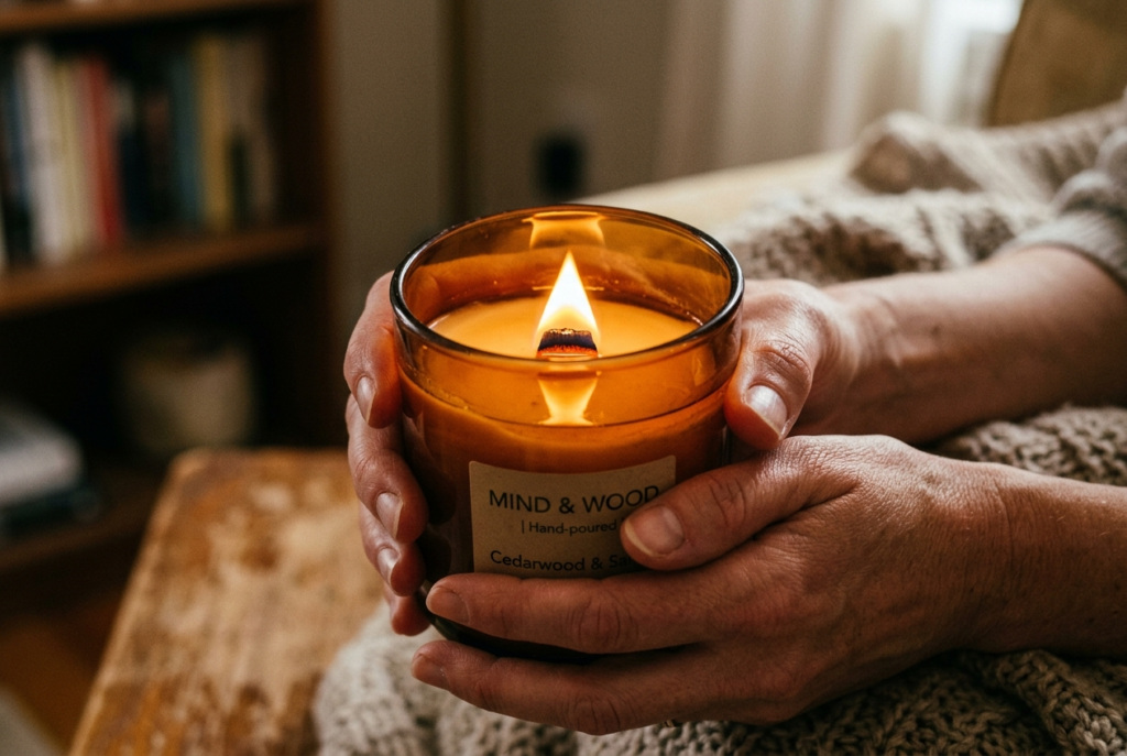 手に持ったウッドウィックキャンドル