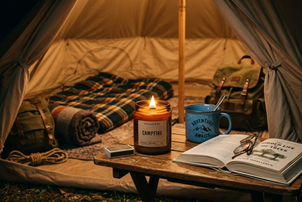 テント内でウッドウィックキャンドルを使用