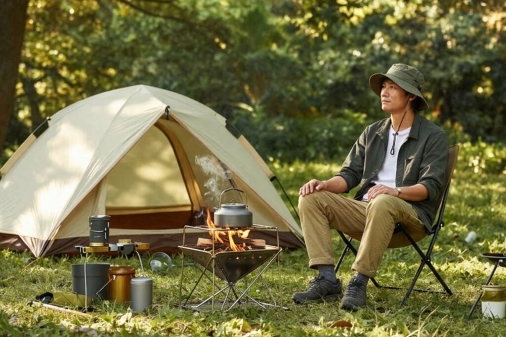 夏キャンプをする男性